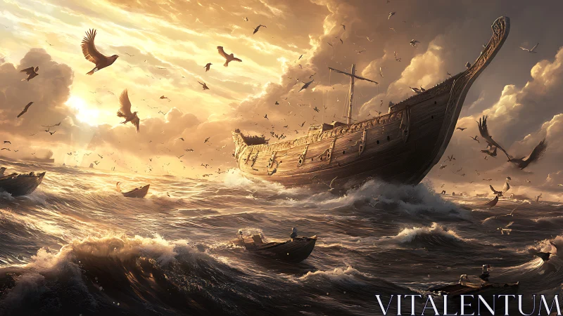 Storm-tossed ark rises through golden tempest seas at dawn
