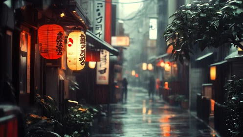 Rain-soaked Tokyo alleyway with lantern-lit depth-of-field study.