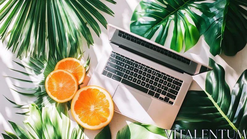 Laptop rests among tropical leaves and oranges in bright light