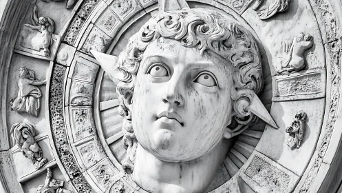 Stone celestial face gazes outward from ornate zodiac ring