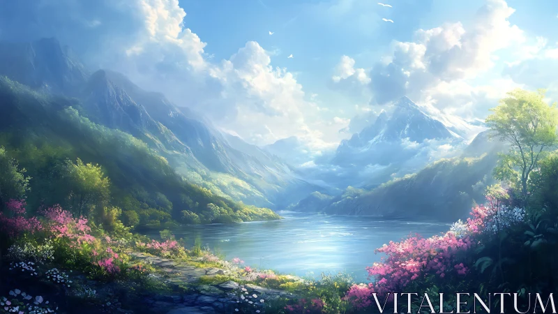 Sunlit alpine lake amid luminous flowering valleys.