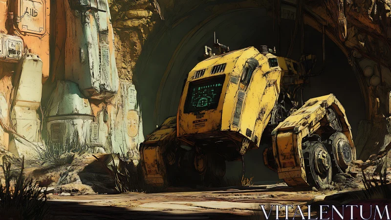 Yellow quadruped rover at tunnel entrance in rocky canyon.