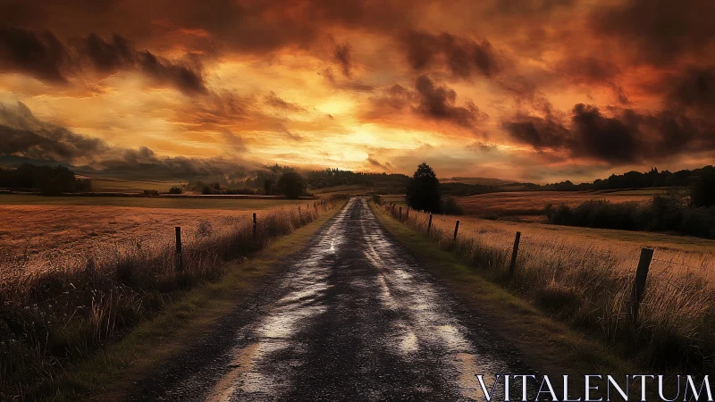 Wet country road under dramatic golden sunset sky.