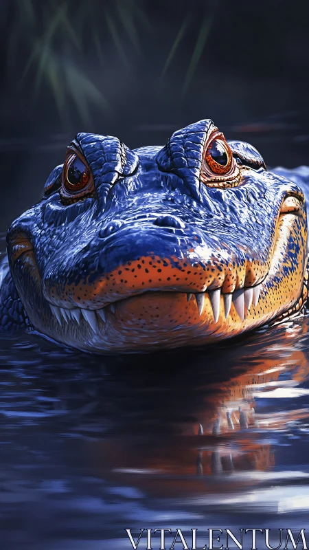 Crocodilian head emerging from reflective blue water surface.