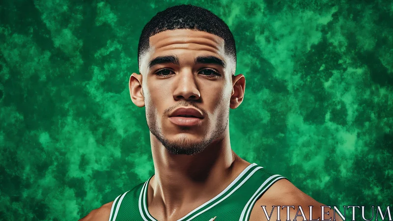 Emerald court focus on confident basketball hero portrait.