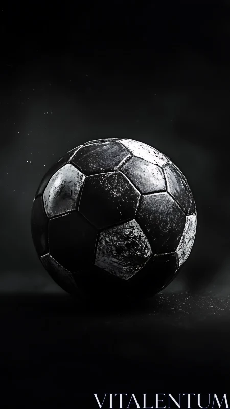 Worn black leather soccer ball in dramatic low key lighting