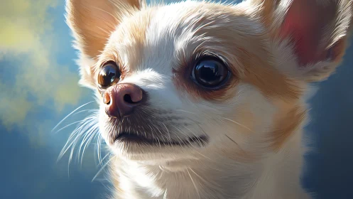 Chihuahua portrait captures luminous fur and glassy eyes.
