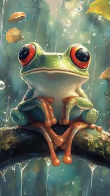 Digital depiction shows red eyed frog perched on wet branch