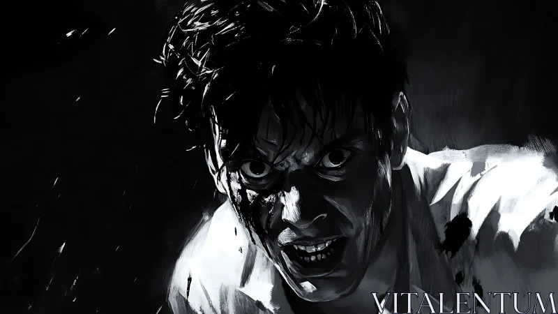 Monochrome portrait of intense male face in dark setting.