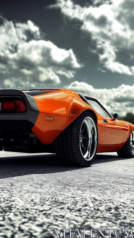 Sunset-burnt supercar prowls beneath storm-tossed skies.