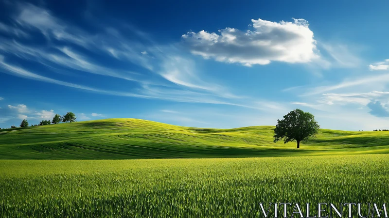 Sunlit green hills with a single tree under wide blue skies.