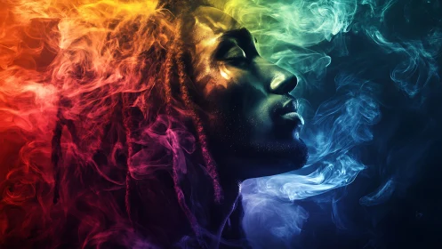 Profile of man in colored smoke with intense side lighting.