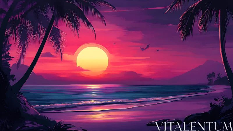 Tropical shoreline at sunset with palm silhouettes and birds.