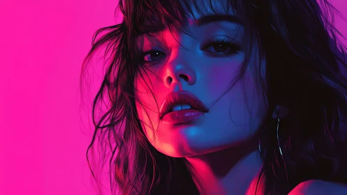 Neon lit digital portrait of woman with vivid color contrast.