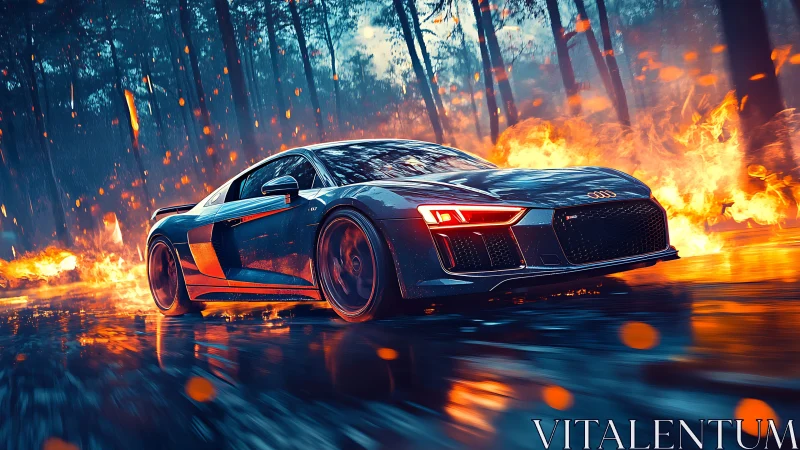 Sports car on wet road with surrounding forest fire scene.