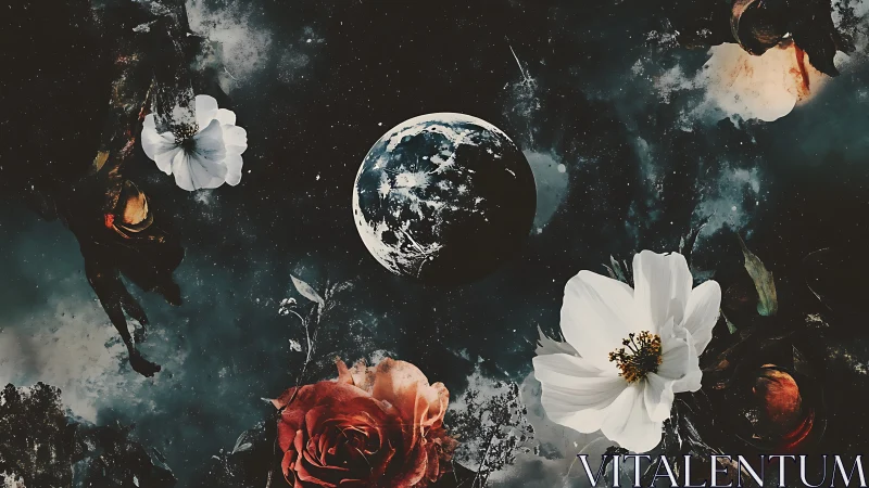 Moonlit blossoms drift gently through a dreamy cosmic night