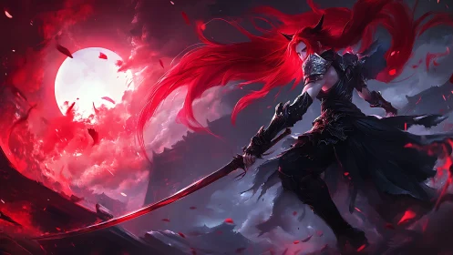 Bloodmoon blade dancer arcs through stormlit crimson skies.