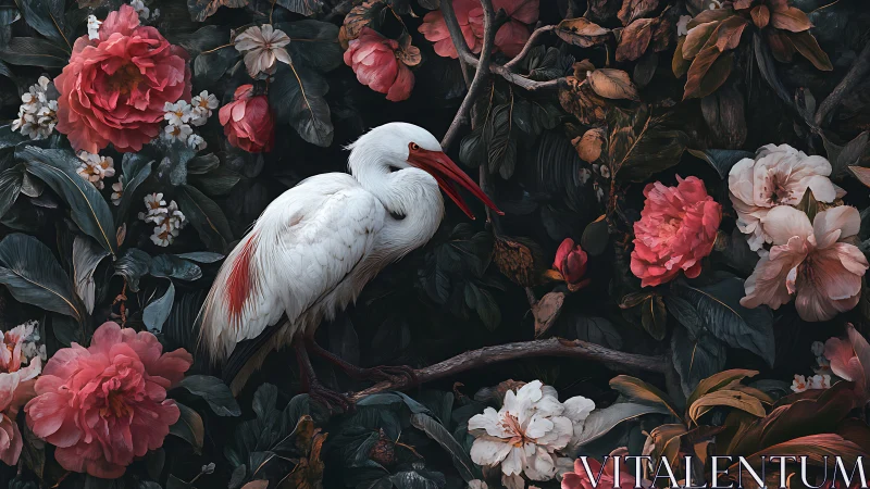 White heron curls into a secret bloom chamber of dusk roses