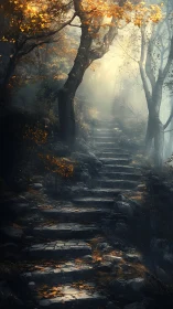 Misty Forest Pathway Through Ancient Trees Bathed in Golden Light.