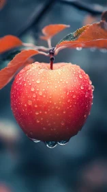 Dew-covered apple hangs beneath cool autumn foliage.