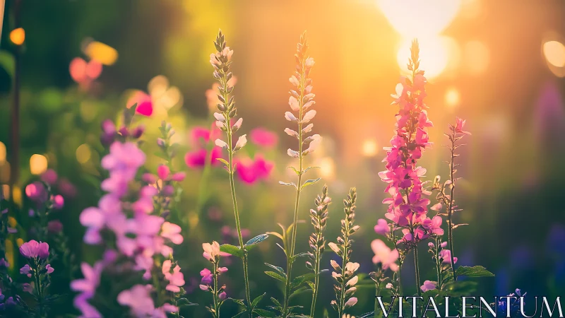 Flowering plants captured in golden hour sunlight.