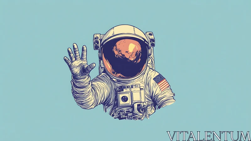 Retro line-art astronaut reaching outward on teal void.