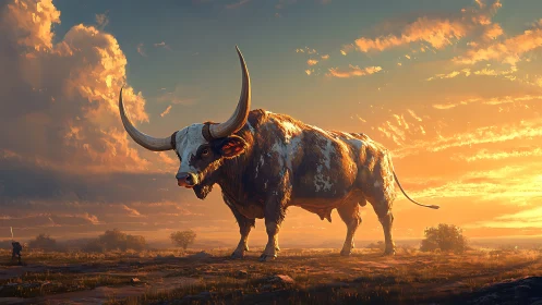 Colossal sunset longhorn wandering a myth-drenched plain.