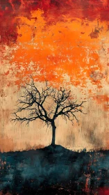 Solitary winter tree negotiates a storm of molten sky
