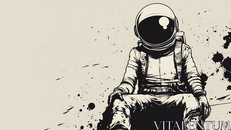 Monochrome ink astronaut with splatter-driven asymmetry.