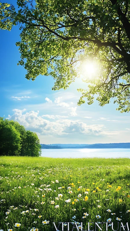 Lakeside meadow under tree canopy with direct sunlight.
