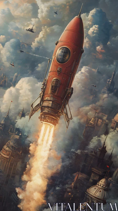 Retro-futuristic red rocket launch over dense steampunk city