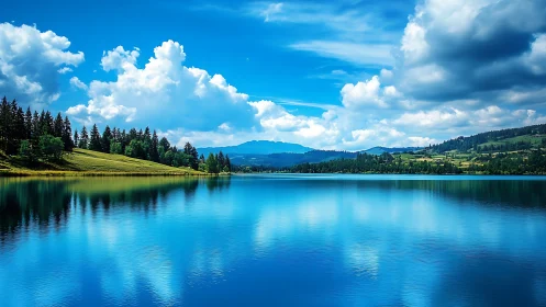 Tranquil alpine lake mirrors vivid blue sky and rolling hills