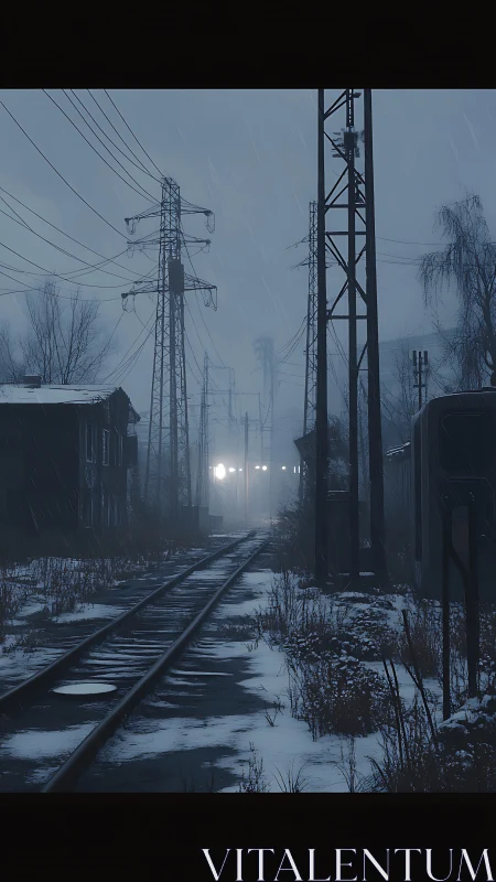 Winter rails hum under ghostly train lights in drizzle.