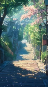 Sunlit hill street framed by cherry blossoms and greenery.