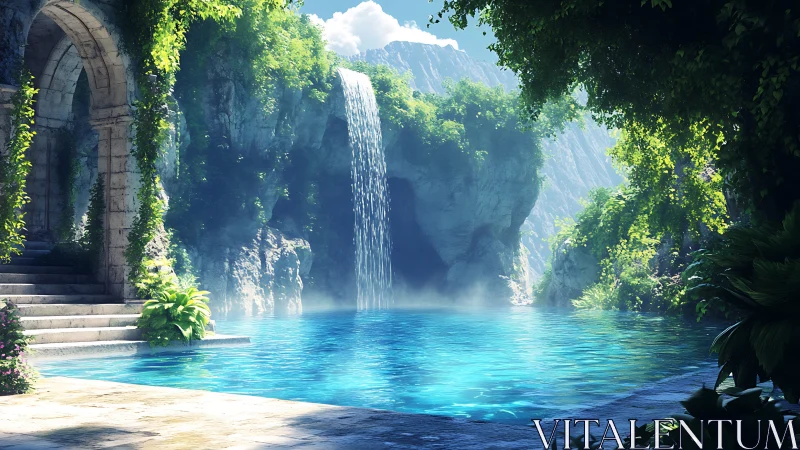 Stone arch pool beside waterfall in lush rocky gorge.