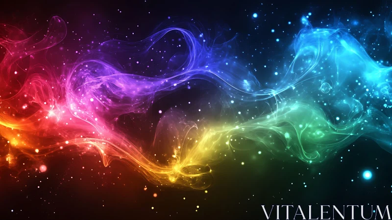 Prismatic nebula currents stream across star-filled void.