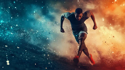 Dynamic sprinter in bokeh dust trail, teal-orange split lighting