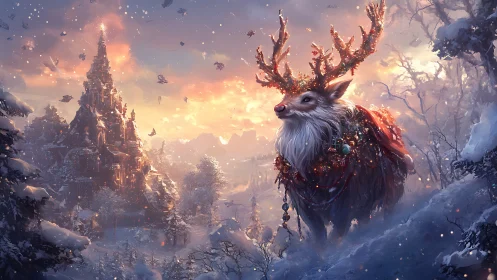 Regal winter stag under glowing sunset in snowland.