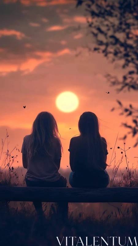 Two close friends watch a glowing sunset in quiet harmony.