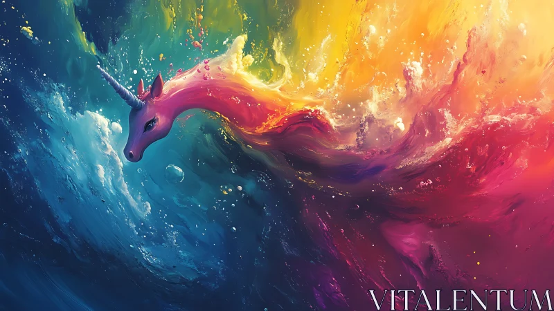 Dreamy rainbow unicorn drifting through a swirling cosmos.