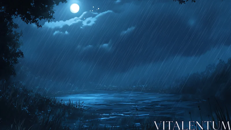 Moonlit rainfall illuminates a calm lake under dense clouds