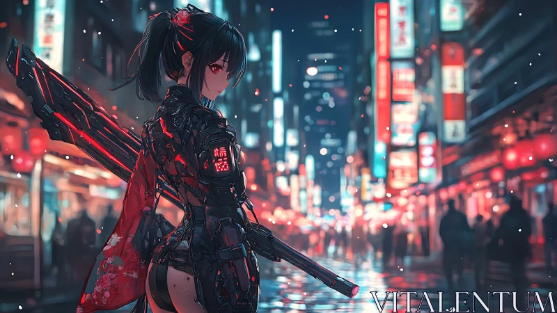 Neon alley sentinel: cyber samurai girl in rainlit city.