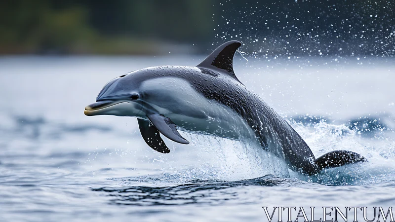 Dolphin executing mid-air breach above coastal sea surface.