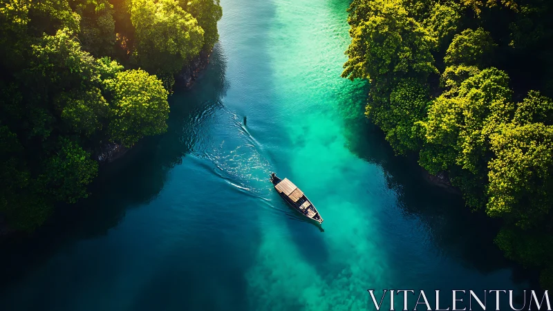 Verdant Channel Passage: Aerial Perspective of Watercraft Transit.