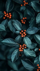 Midnight teal leaves cradle ember-bright woodland berries.