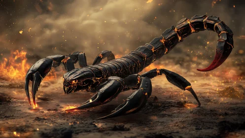 Molten armored scorpion in cinematic inferno environment.