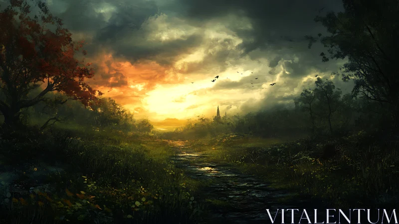 Atmospheric forest pathway under volatile stormlit sunset sky.
