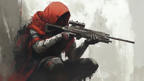 Hooded figure in red cloak holds futuristic rifle while crouching