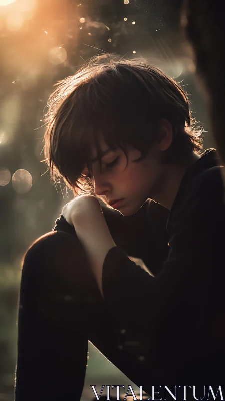 Pensive boy framed by golden backlight in soft bokeh haze