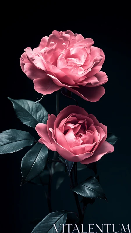 Two Pink Peonies Against Black Background with Foliage